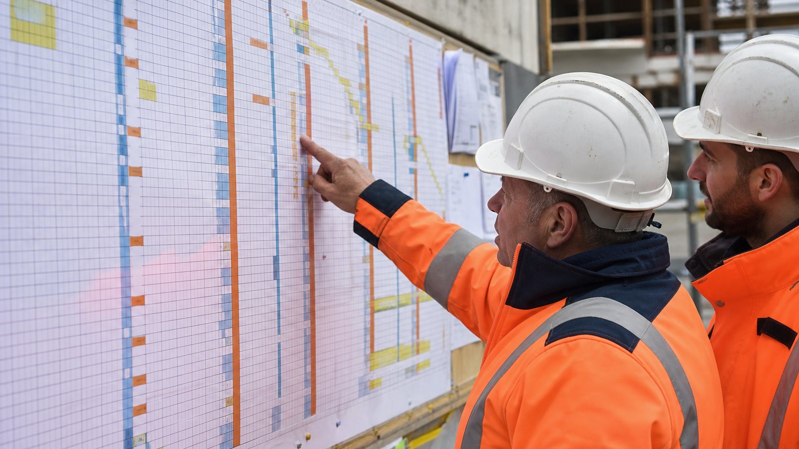Conducteur de travaux comparant le planning et le journal d'un chantier en retard