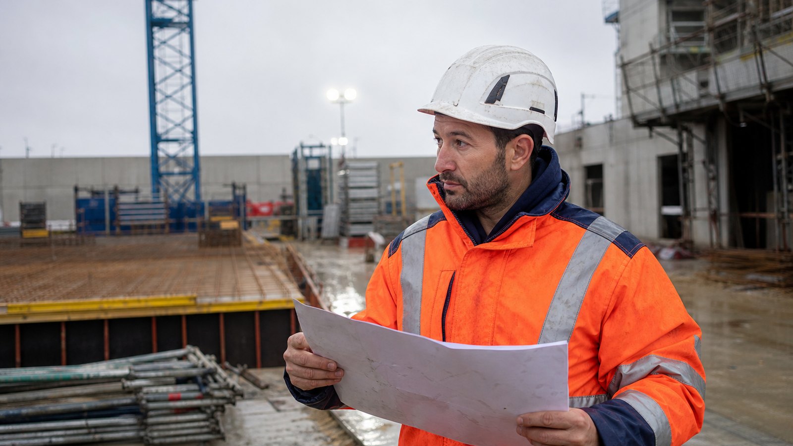 Chantier de bâtiment sous un ciel chargé de pluie