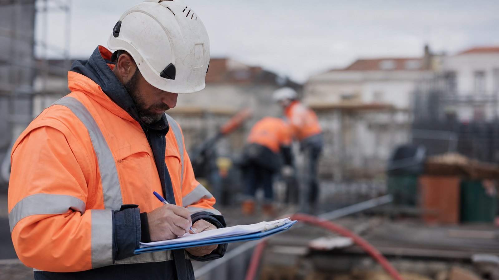 Conducteur de travaux notant l'avancement sur un chantier