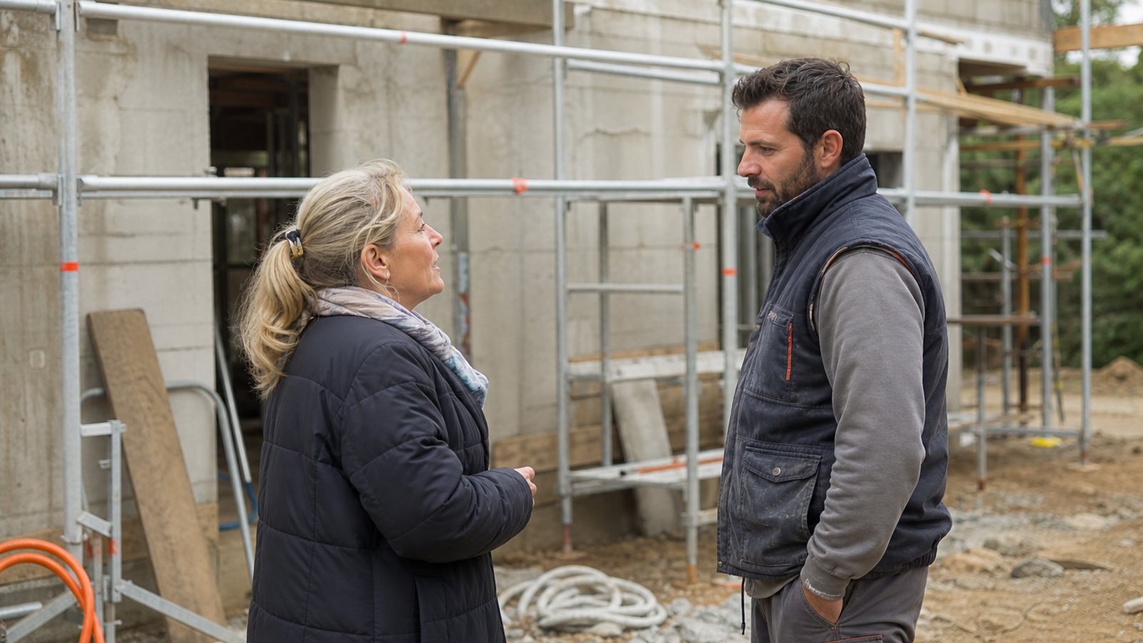 Client montrant une modification souhaitée à un artisan dans une pièce en travaux